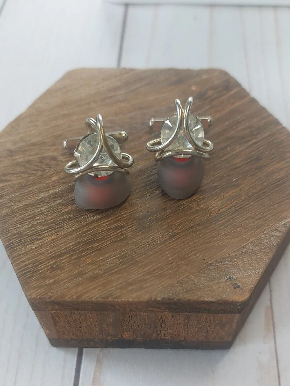 Silver-Tone Men's Cufflinks with Clear Stone Accent